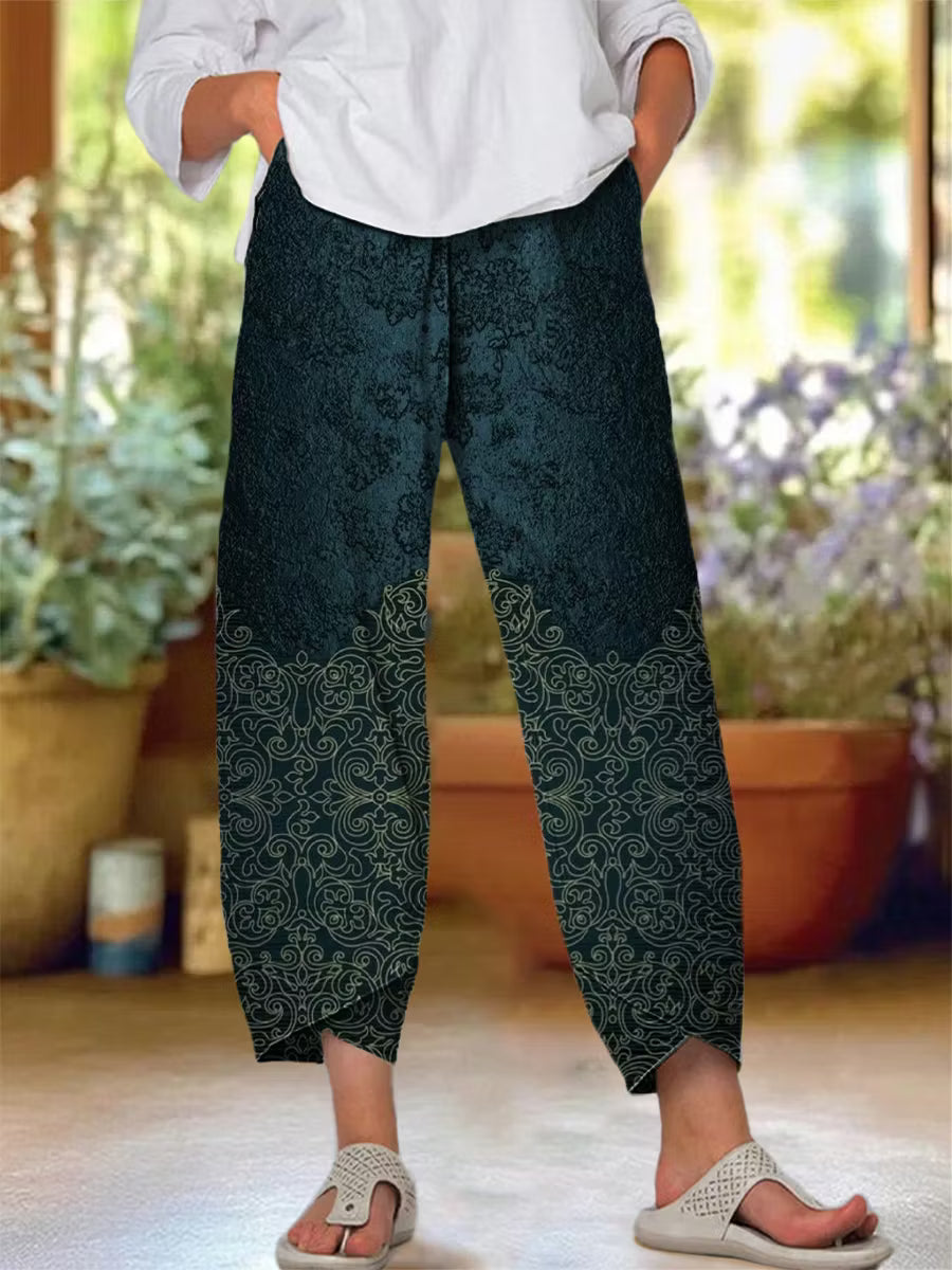 Women's Retro Ethnic Style Floral Print Cotton Linen Casual Pants