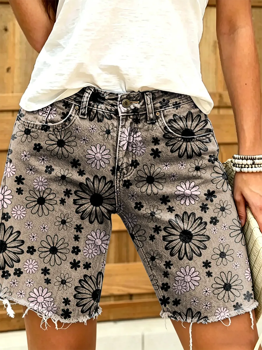 Ethnicity Flowers Geometry Women's Art Print Casual Denim Shorts