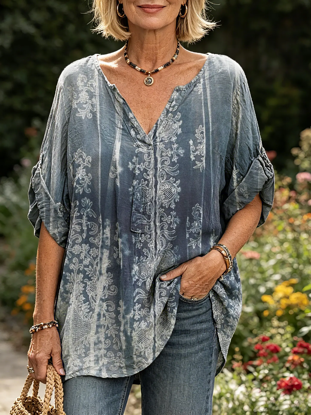 Women's Indigo Blue Vintage Floral Print Rolled Sleeve Top