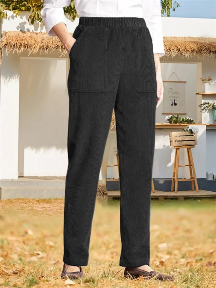 Comfysol Women's Solid Color Elastic Waist Casual Corduroy Straight Leg Pants
