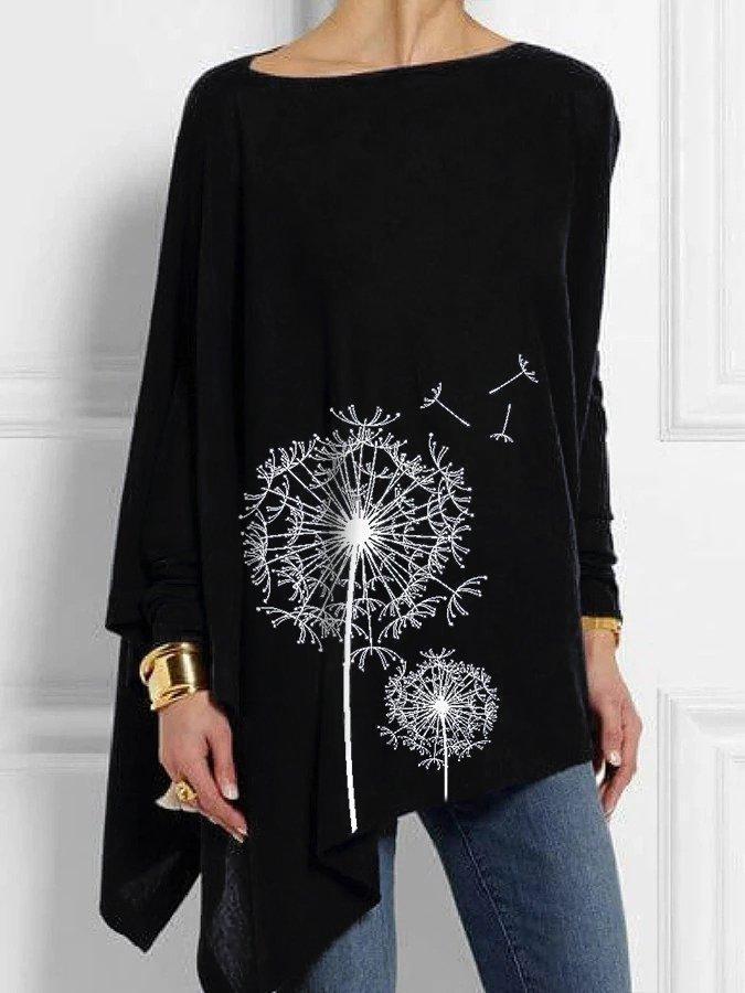 Comfysol Dandelion Print Asymmetric Hem Loose Long Sleeve Casual Blouse