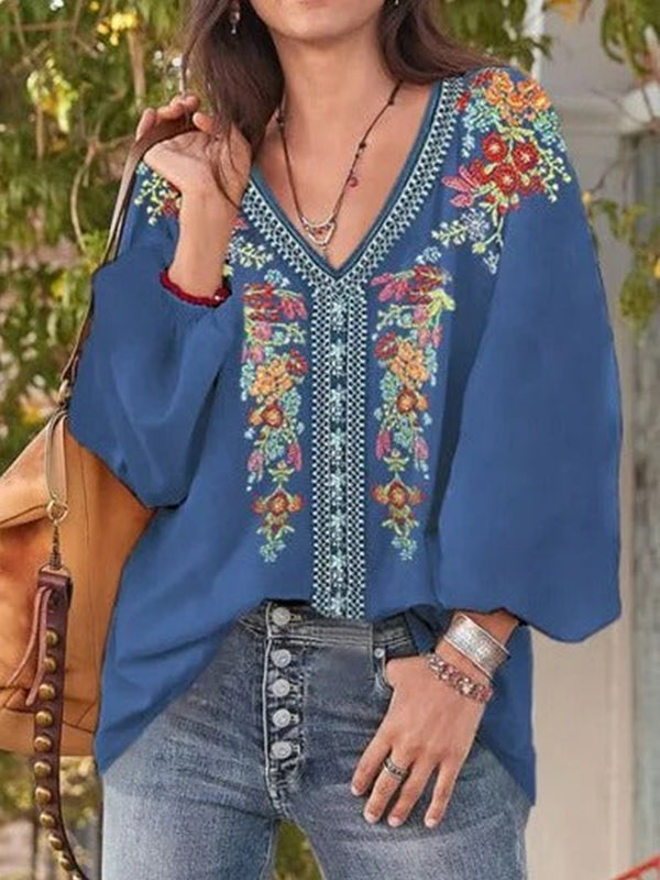 Comfysol Blue Casual Graphic Tops V-neck Long Sleeve Floral Printed Blouse