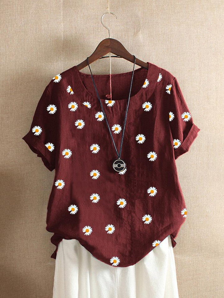 Comfysol Daisy Floral Print Short Sleeve O-neck Blouse