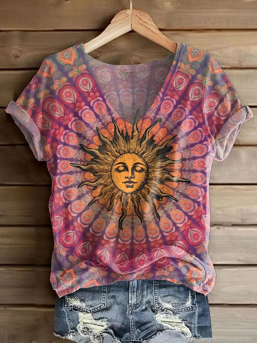 Women's V-neck Short-sleeve Top With Artistic Sunflower Mandala Print