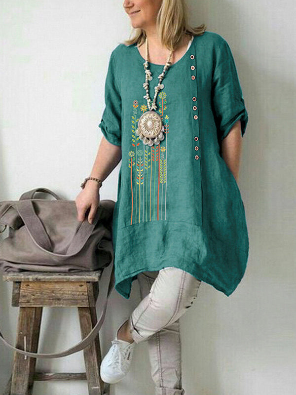 Comfysol Lake Blue Casual Round Neck Long Sleeve Floral Printed Blouse