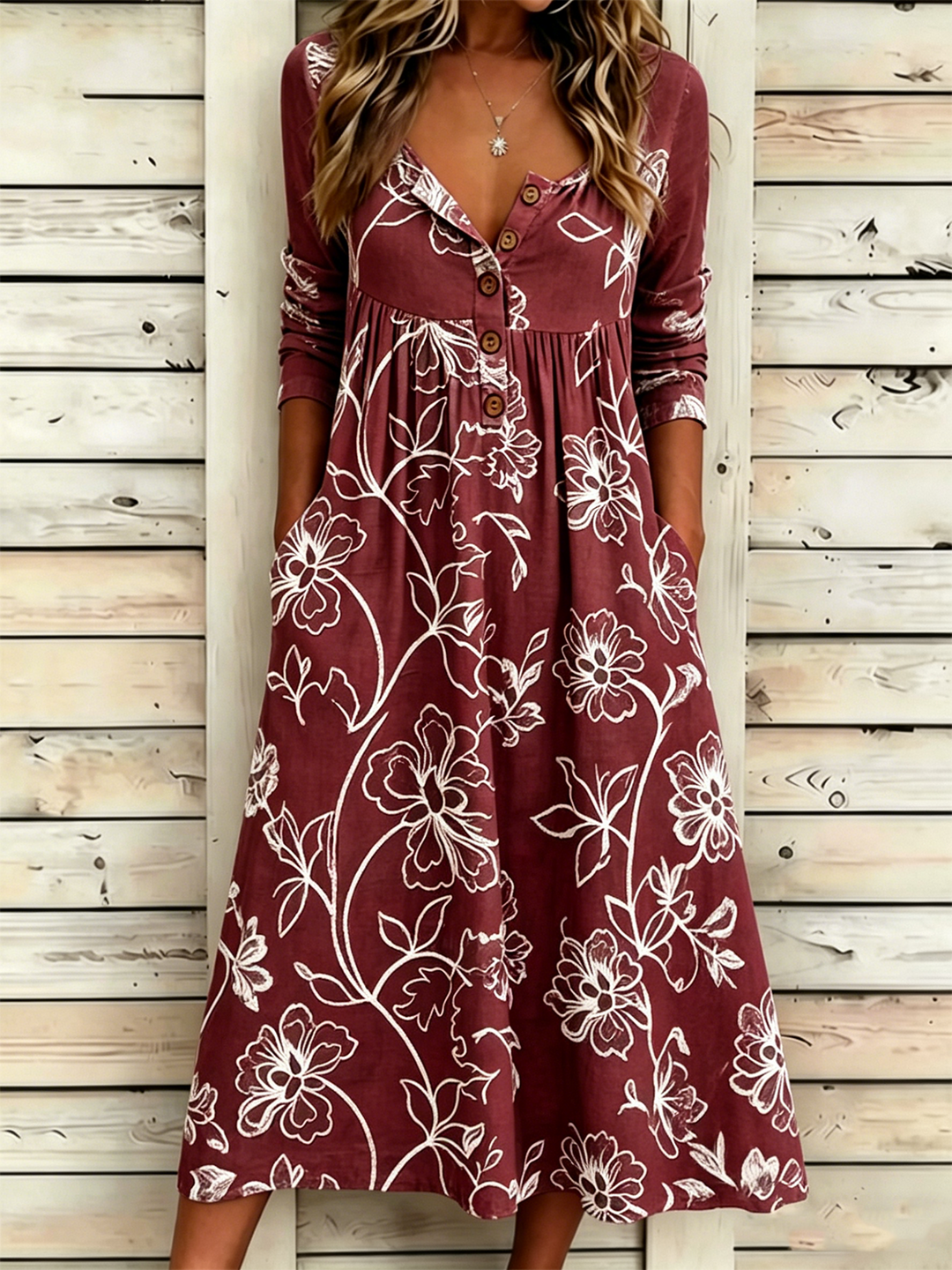 Vintage Floral Half-Open Collar Maxi Dress – Casual Boho A-Line Dress