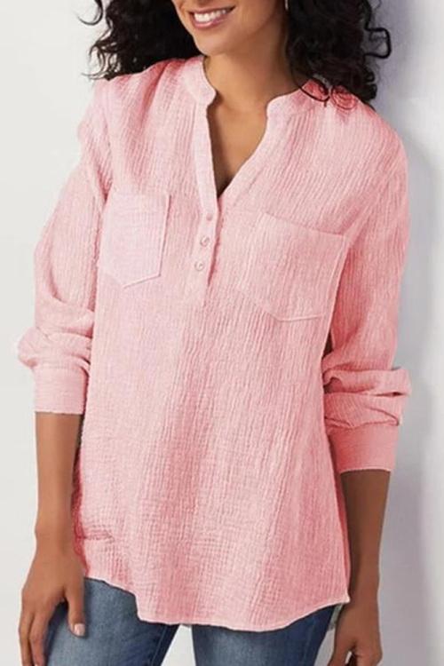 Comfysol Solid Color Long Sleeve V-neck Loose Button Shirt