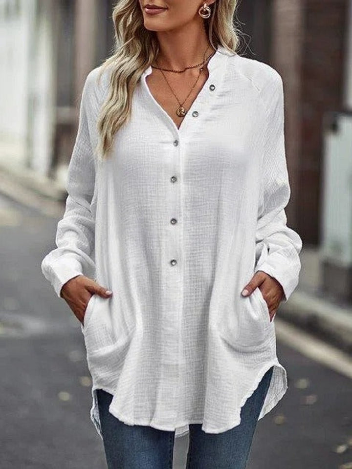 Comfysol White Casual Solid Blouse with Pockets