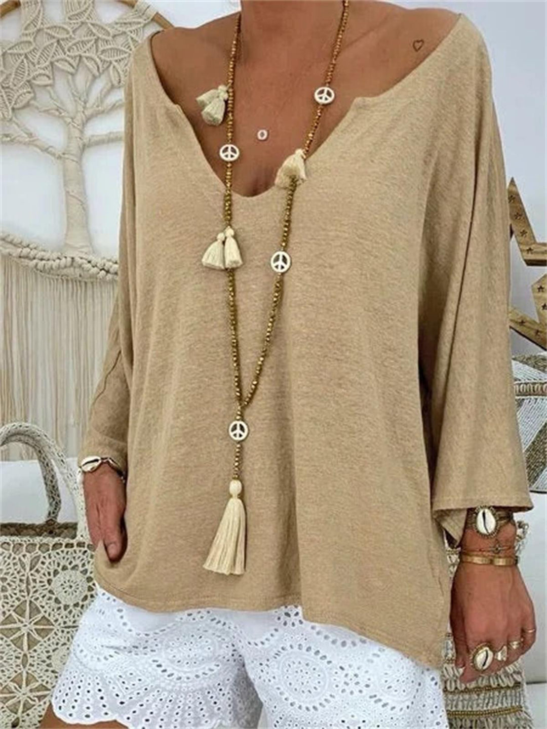 Comfysol Khaki Casual V-neck Solid Long Sleeve Blouse