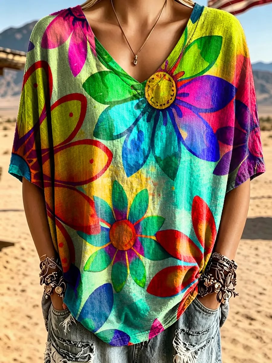 Women's Tie-Dye Floral Watercolor Print Cotton V-Neck Loose Top