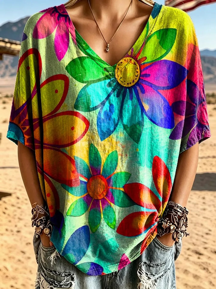 Women's Tie-Dye Floral Watercolor Print Cotton V-Neck Loose Top