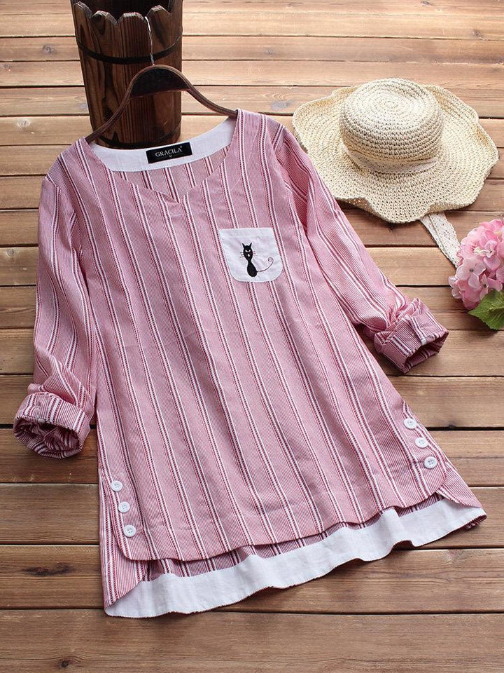 Comfysol Side Buttons Stripe Cat Embroidered Patchwork Vintage Blouse