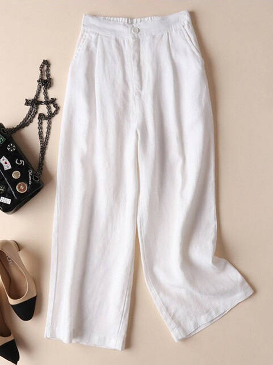 Comfysol Solid Pockets Elastic Cotton Casual Straight Pants