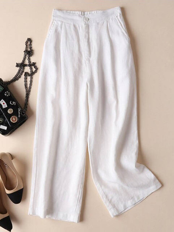 Comfysol Solid Pockets Elastic Cotton Casual Straight Pants
