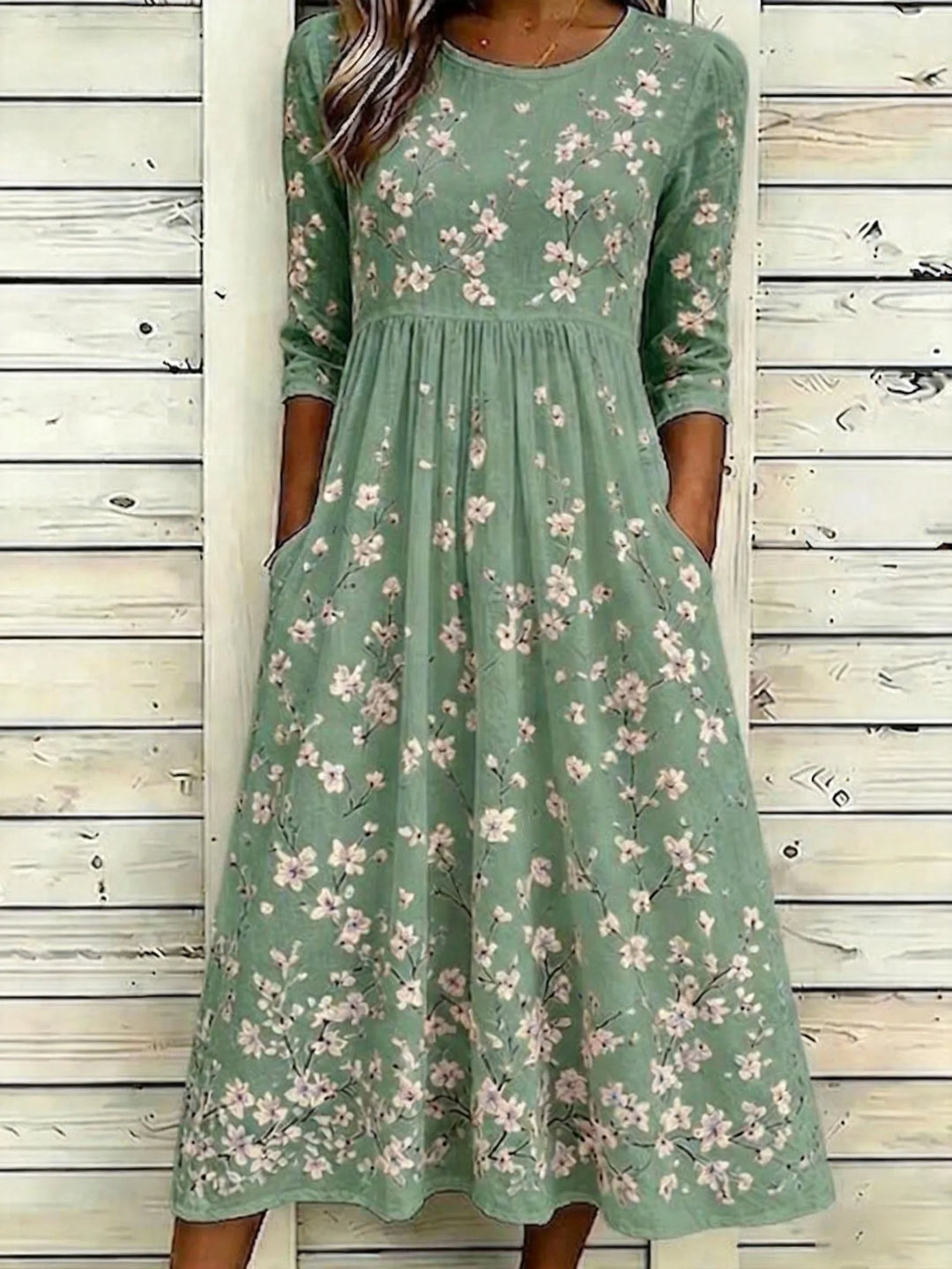 Floral Print Crew Neck A-Line Midi Dress with Pockets