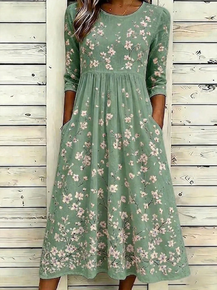 Floral Print Crew Neck A-Line Midi Dress with Pockets