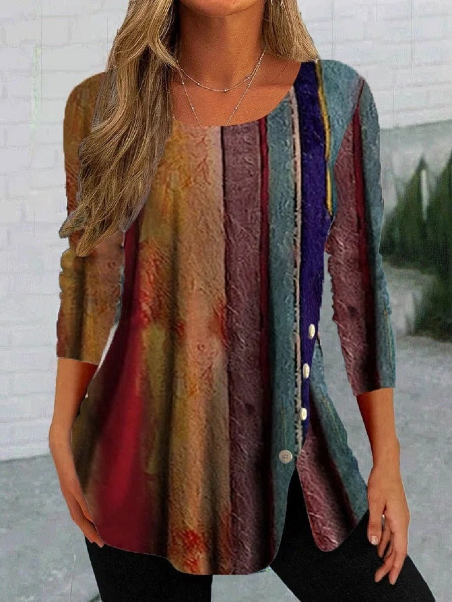 Comfysol Multicolor Casual Round Neck Stripe Long Sleeve Blouse