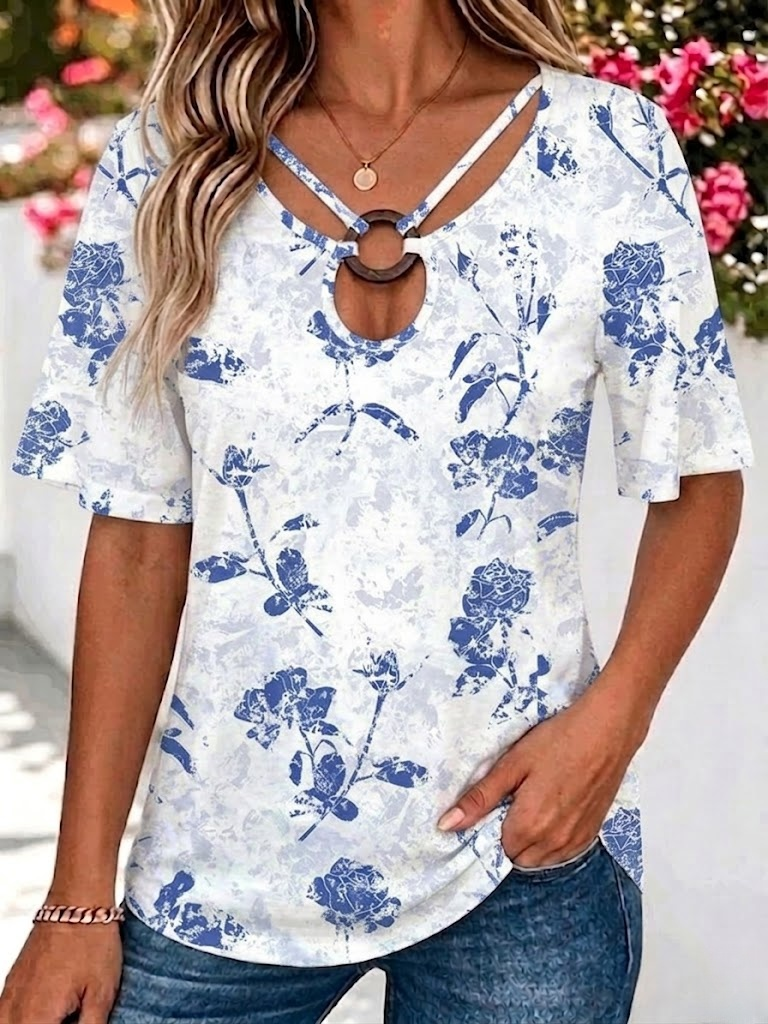 Vintage Floral Ring Keyhole Neck Short Sleeve T-shirt