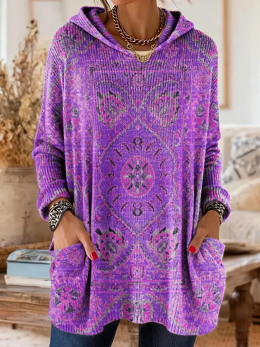 Women's Retro Ethnic Totem Art Print Casual Knitted Pocket Hooded Tunic Top