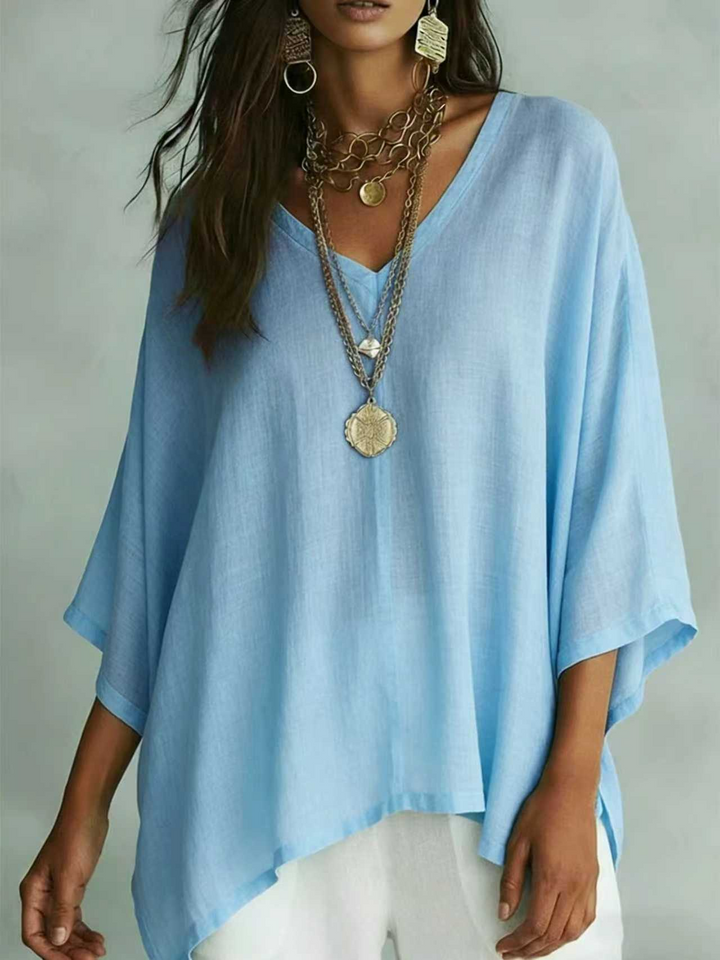 Flowy Solid V-Neck Irregular Hem Half Sleeve Top