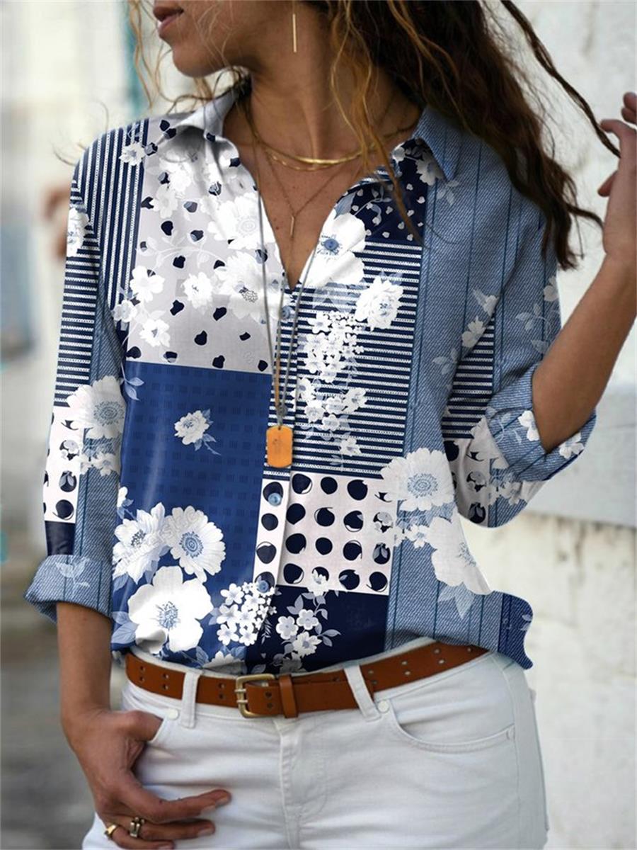 Comfysol Multicolor  Casual Graphic Tops Collared Floral Printed Long Sleeve Blouse
