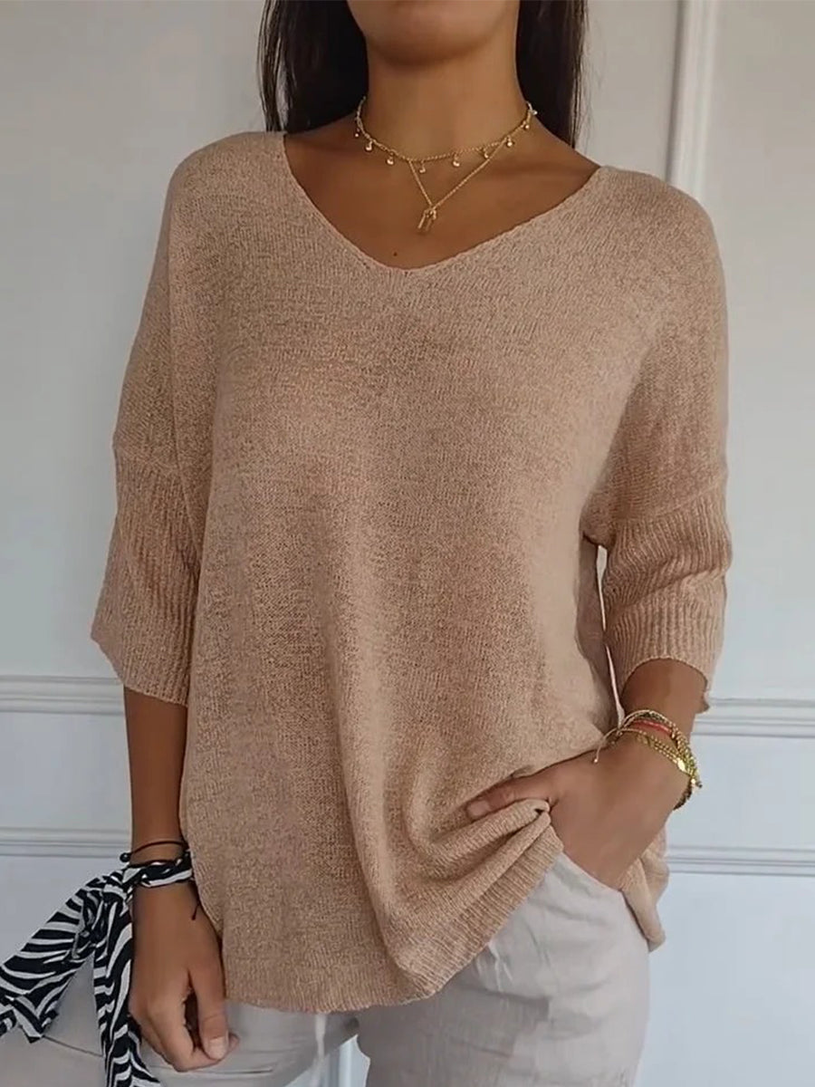 Comfysol Solid Color Knitted V-Neck Top