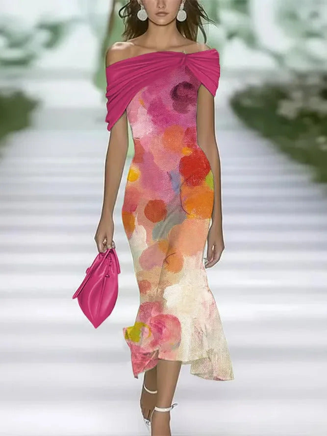 Women Floral Cap Sleeve Summer Printing Dress Cold Shoulder Daily Vintage Maxi H-Line Dress