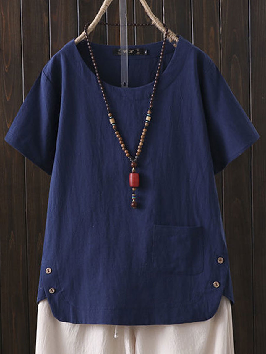 Comfysol Cotton Solid Color Short Sleeve Blouse