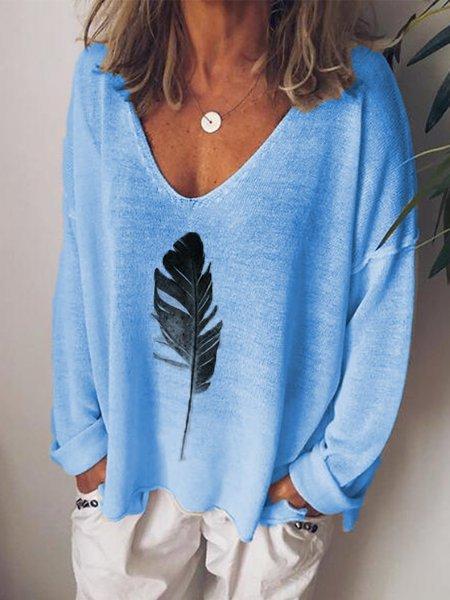 Comfysol V-neck Feather Print Casual Long Sleeve Blouse