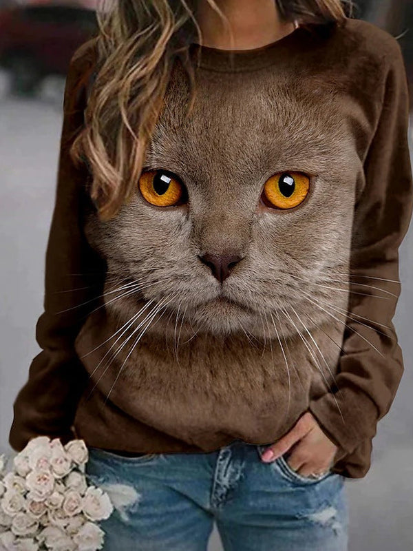 Comfysol Brown Casual Graphic Tops Round Neck Long Sleeve Cat Printed Sweatshirts