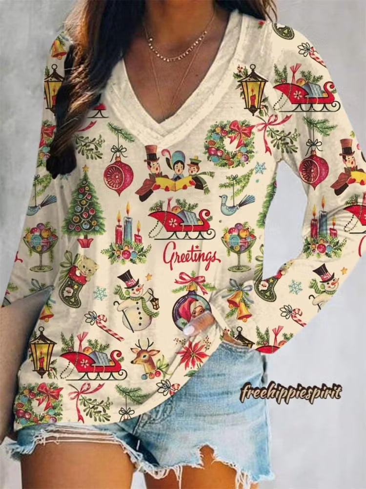 Women's Retro Christmas Print V Neck Long Sleeve Tops