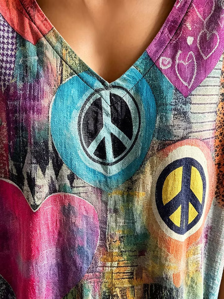 Women's Peace Sign & Heart Art Print Cotton V-Neck Loose Top