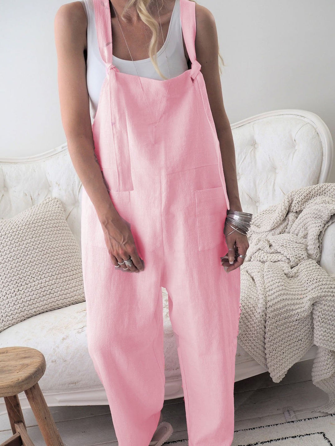Comfysol Retro Casual Loose Cotton Linen Wide Leg Jumpsuit
