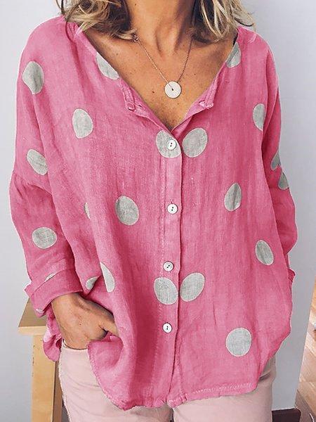 Comfysol Polka Dot Print Buttoned Long Sleeve Casual Blouse