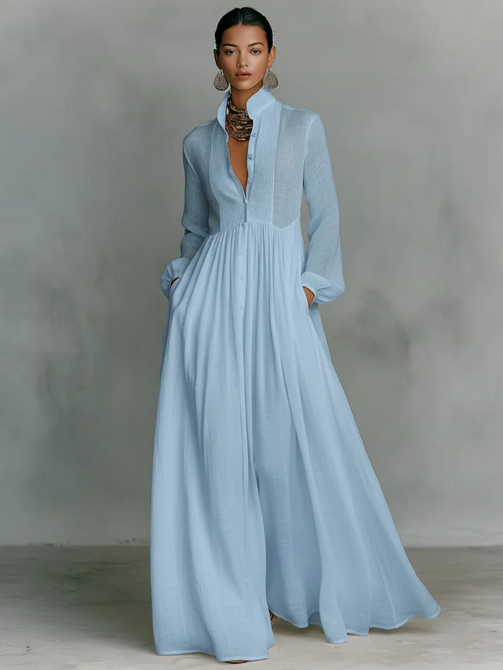 Women's Minimalist Cotton And Linen Patchwork Single-breasted Stand-up Collar Long-sleeved Maxi Dress MDA0658K6Y