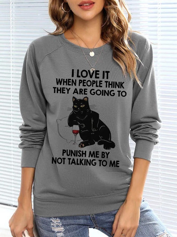 Comfysol Gray Casual Graphic Tops Round Neck Long Sleeve Cat Character Printed Sweatshirts