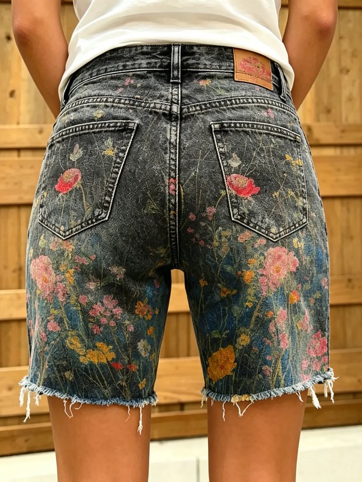 Women's Vintage Wildflower Print Washed Denim Bermuda Shorts