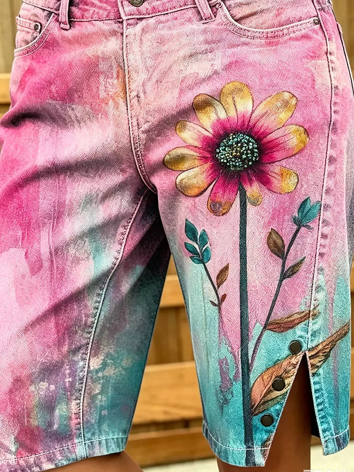 Women's Watercolor Daisy Ombre Print Denim Bermuda Shorts