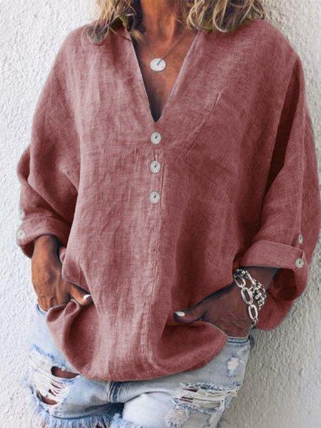 Comfysol Buttoned V-neck Cotton Long Sleeve Blouse