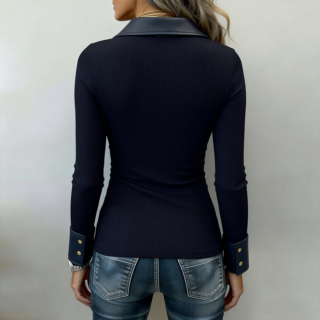 Chic Long Sleeve Faux Leather Trim Slim Fit Top