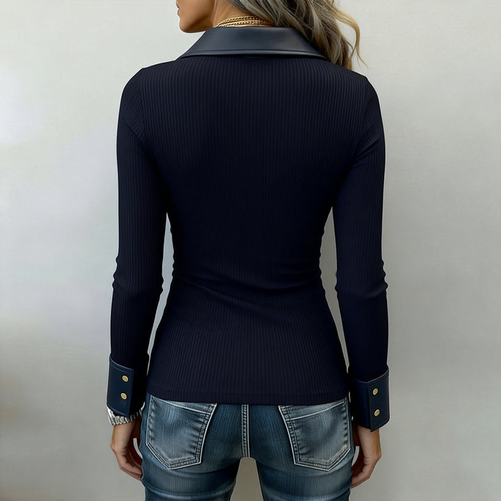 Chic Long Sleeve Faux Leather Trim Slim Fit Top