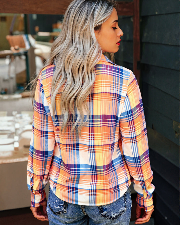 Blue Orange Plaid Button Front Blouse Top