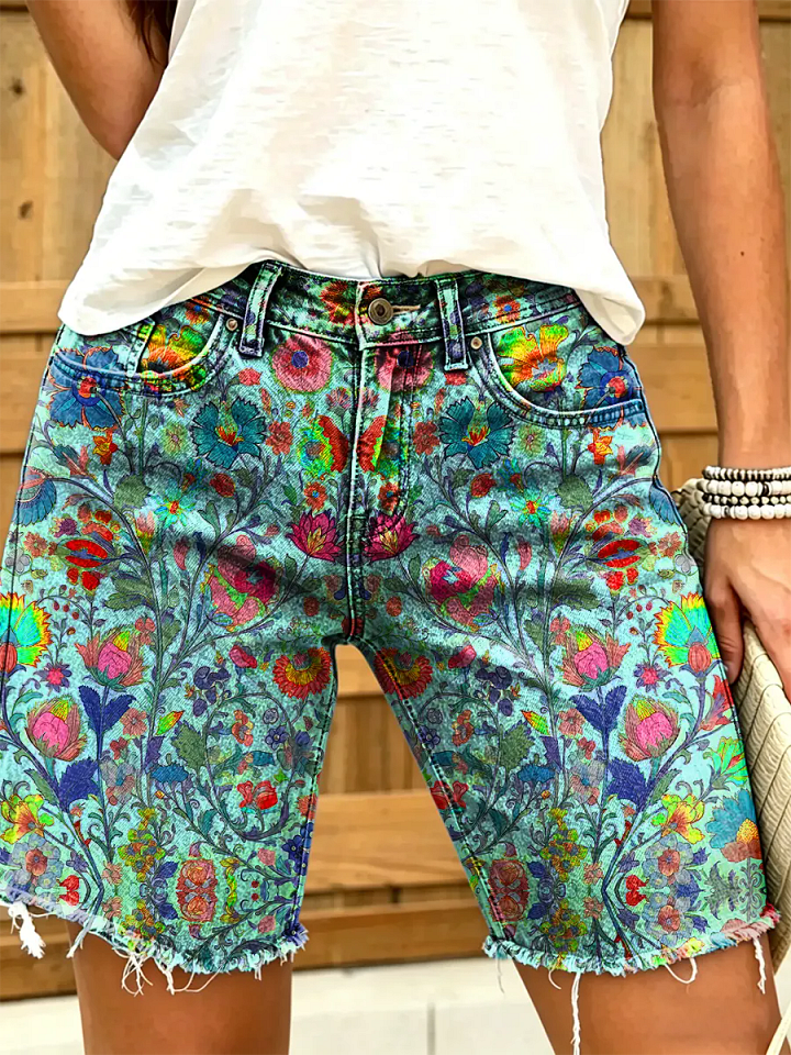 Women Ethnic Floral Art Print Casual Denim Shorts
