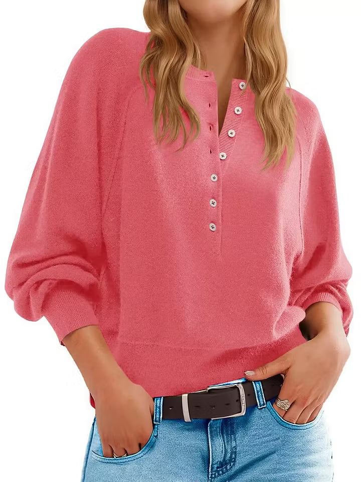 Womens Henley Button Fall Long Sleeve Loose Knit Pullover Top