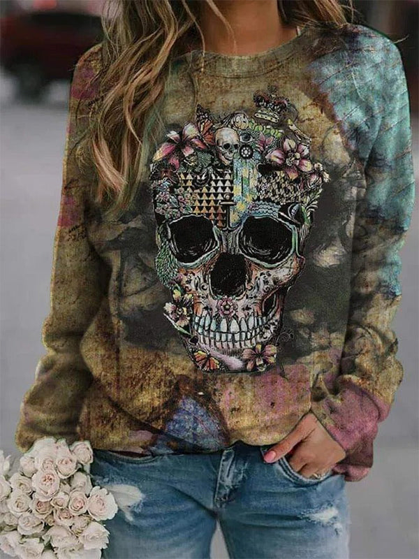 Comfysol Casual Graphic Tops Round Neck Long Sleeve Skull Printed Sweatshirts