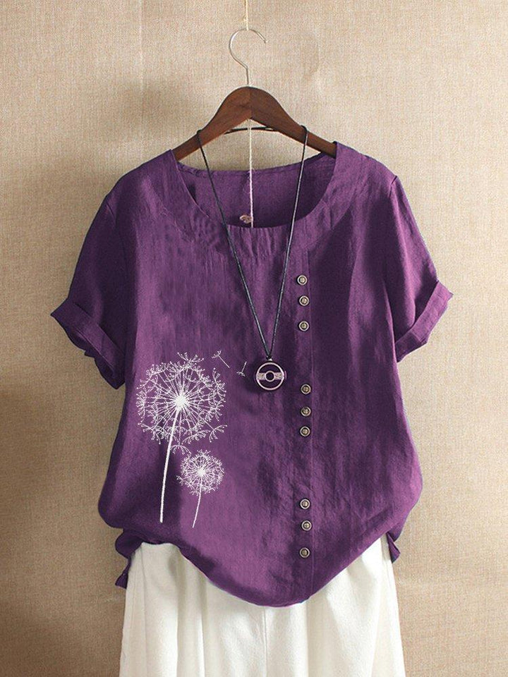 Comfysol Vintage Print Flower Short Sleeve Button Blouse