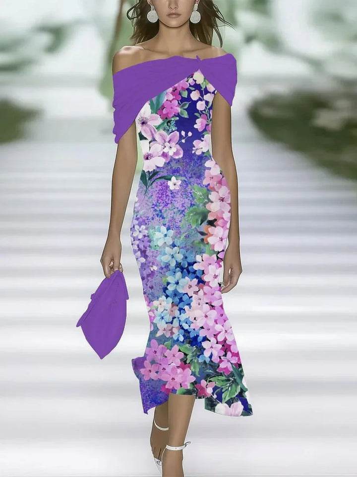 Women Floral Cap Sleeve Summer Printing Dress Cold Shoulder Daily Vintage Maxi H-Line Dress