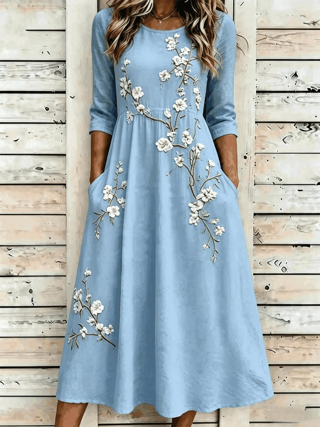 Round Neck Floral Embroidered Maxi Dress with Pockets
