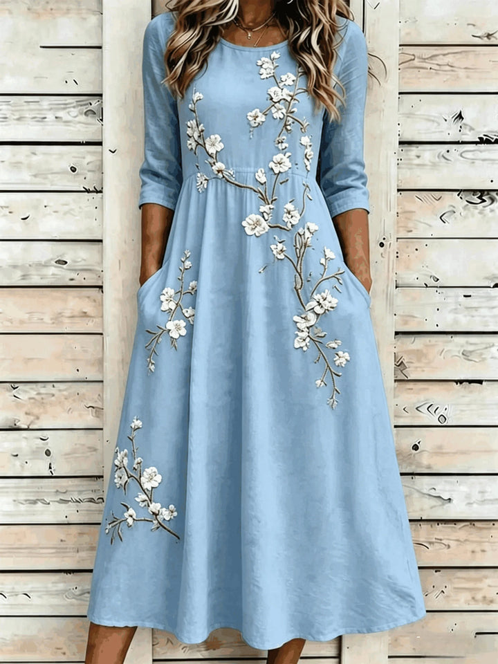 Round Neck Floral Embroidered Maxi Dress with Pockets