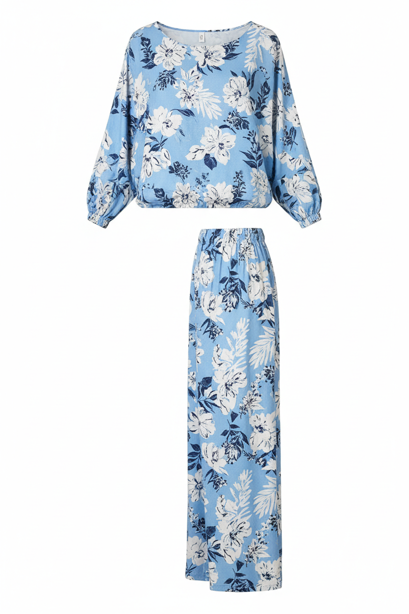 Comfysol Blue Casual Round Neck Floral Printed Long Sleeve Two Piece Sets